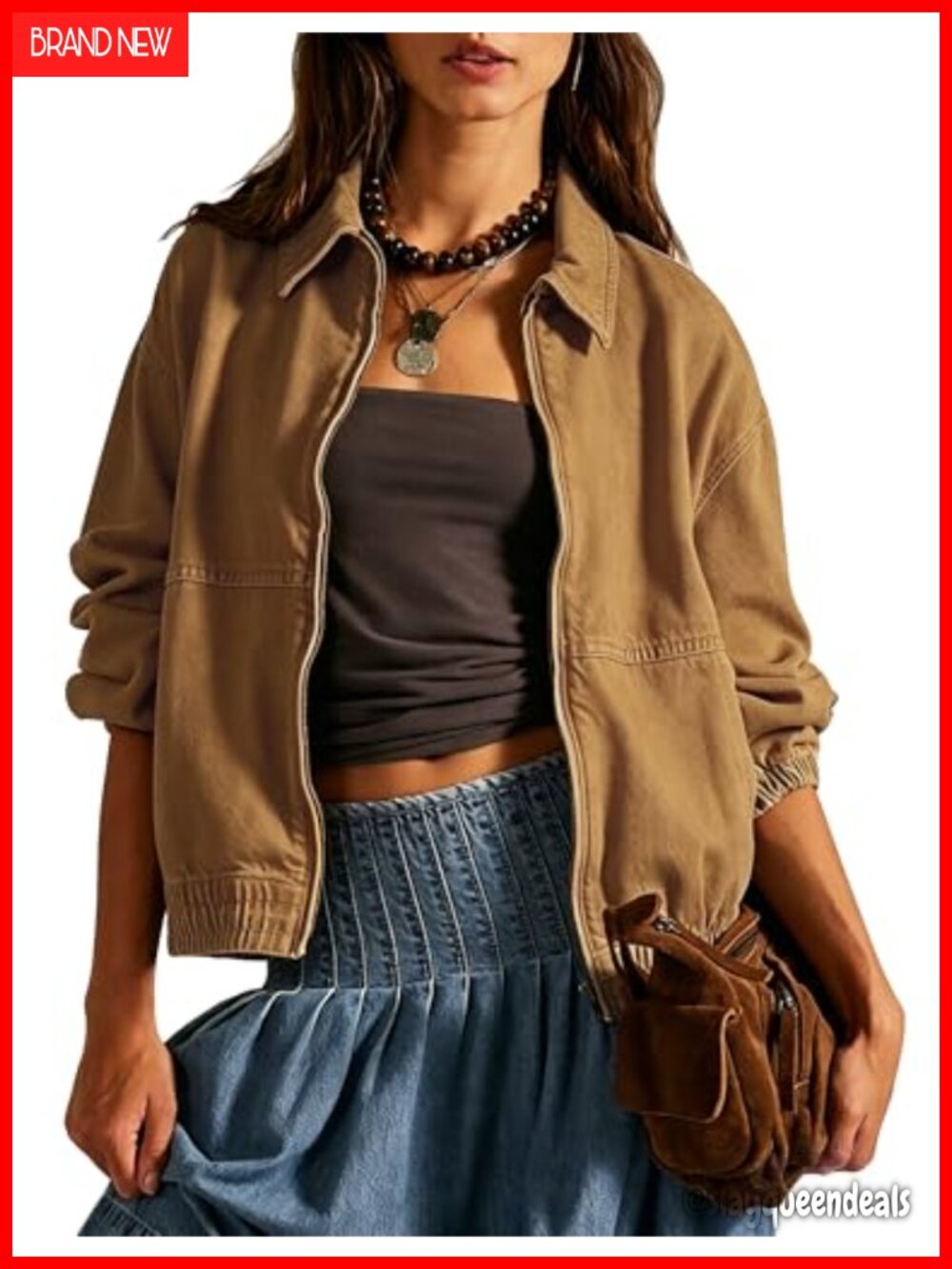 Womens 100% Cotton Denim Bomber Jacket Zip Up Loose Fit Casual Jean Jacket